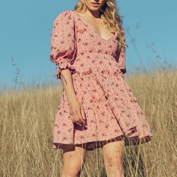 EDDY Julia Puff Sleeve Mini Dress Primrose & Bouquet Floral With Lurex Sz Large - Picture 3 of 14